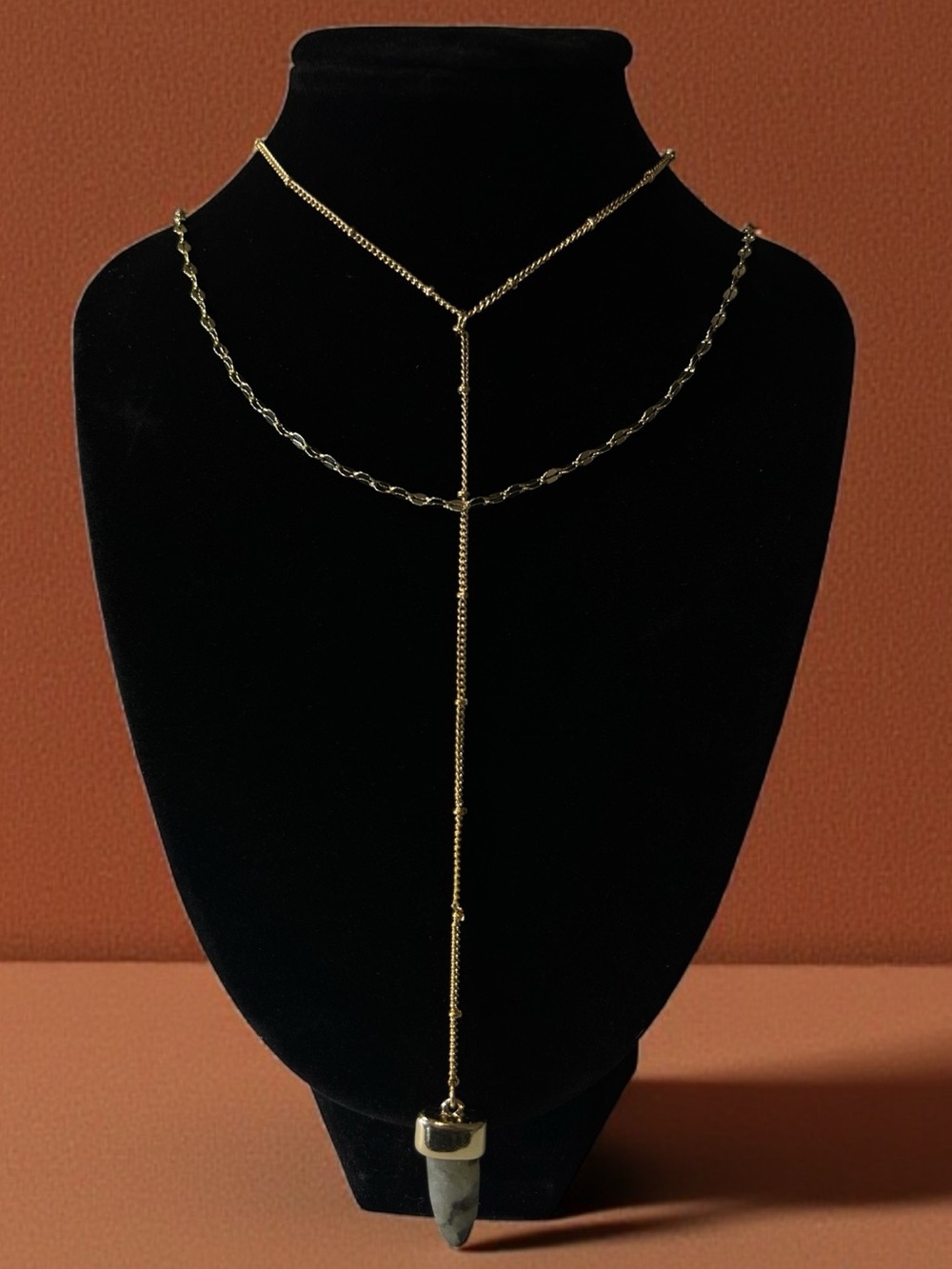 Gold Toned Layered Lariat Necklace with Stone Pendant - Women Jewelry
